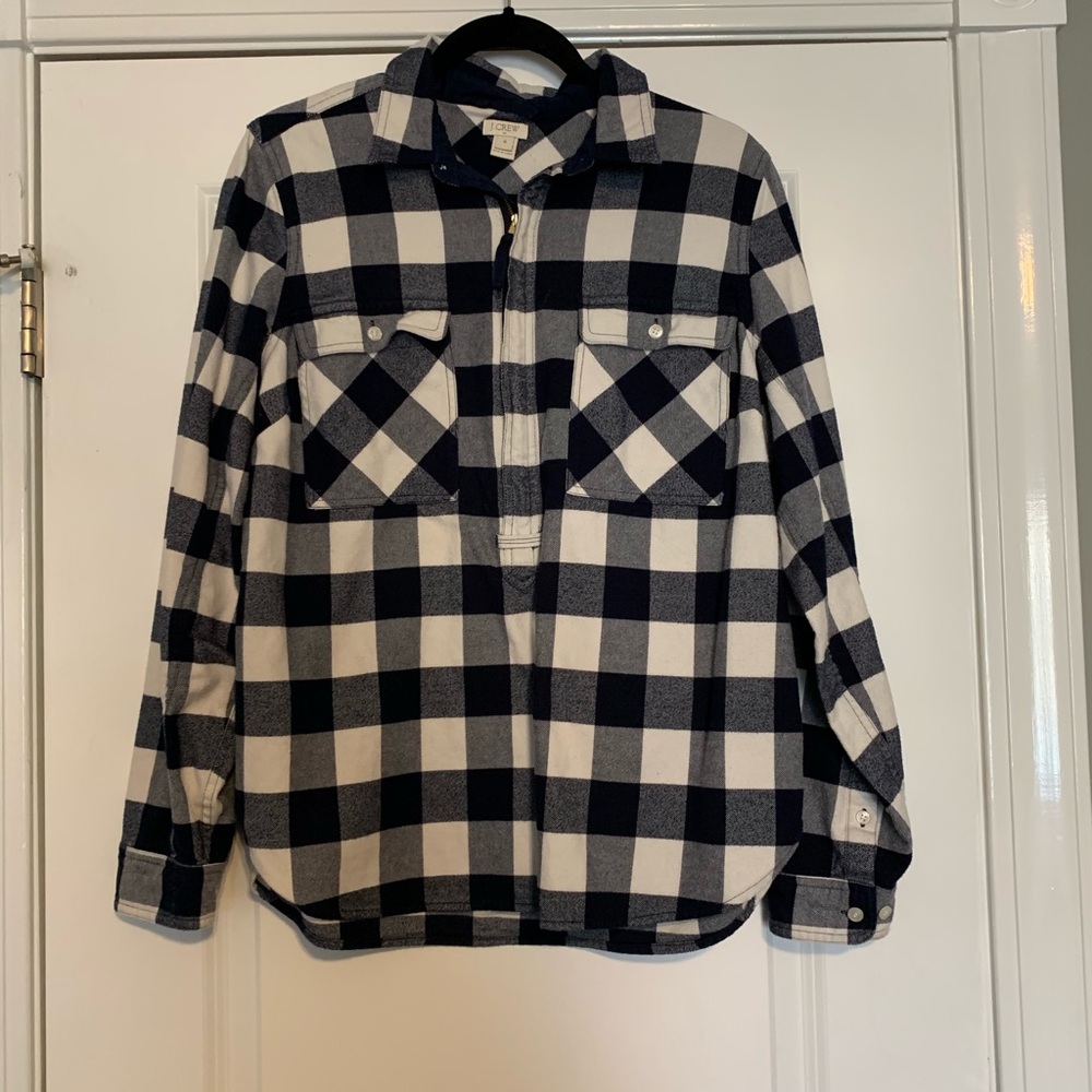JCREW, Navy/White Plaid Half-Zip Blouse, SZ M